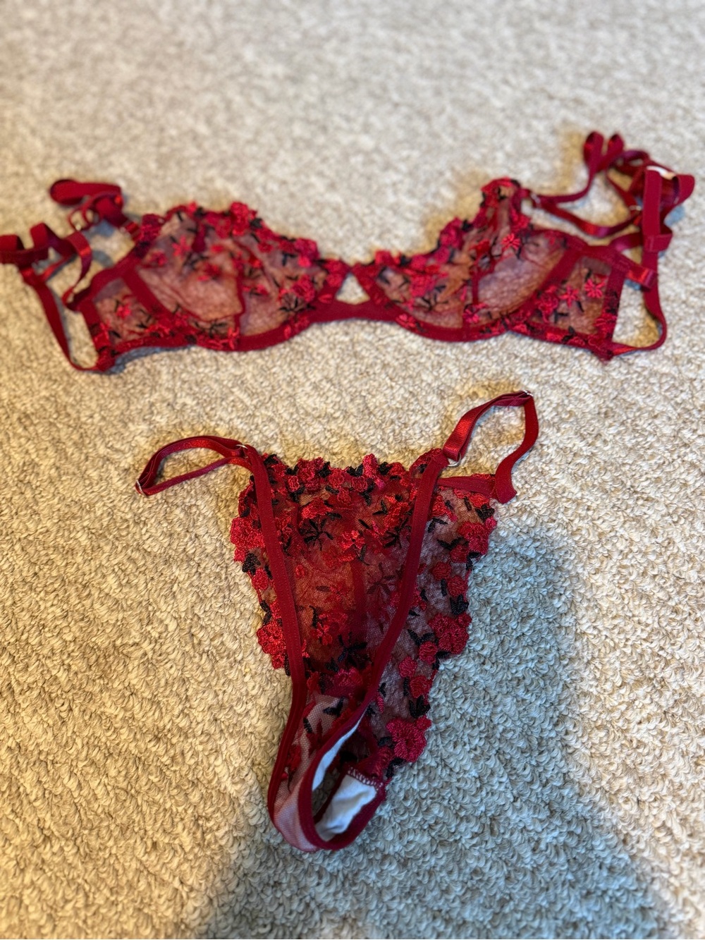 Amazon Red Floral Lace Sheer Bralette and Thong Set